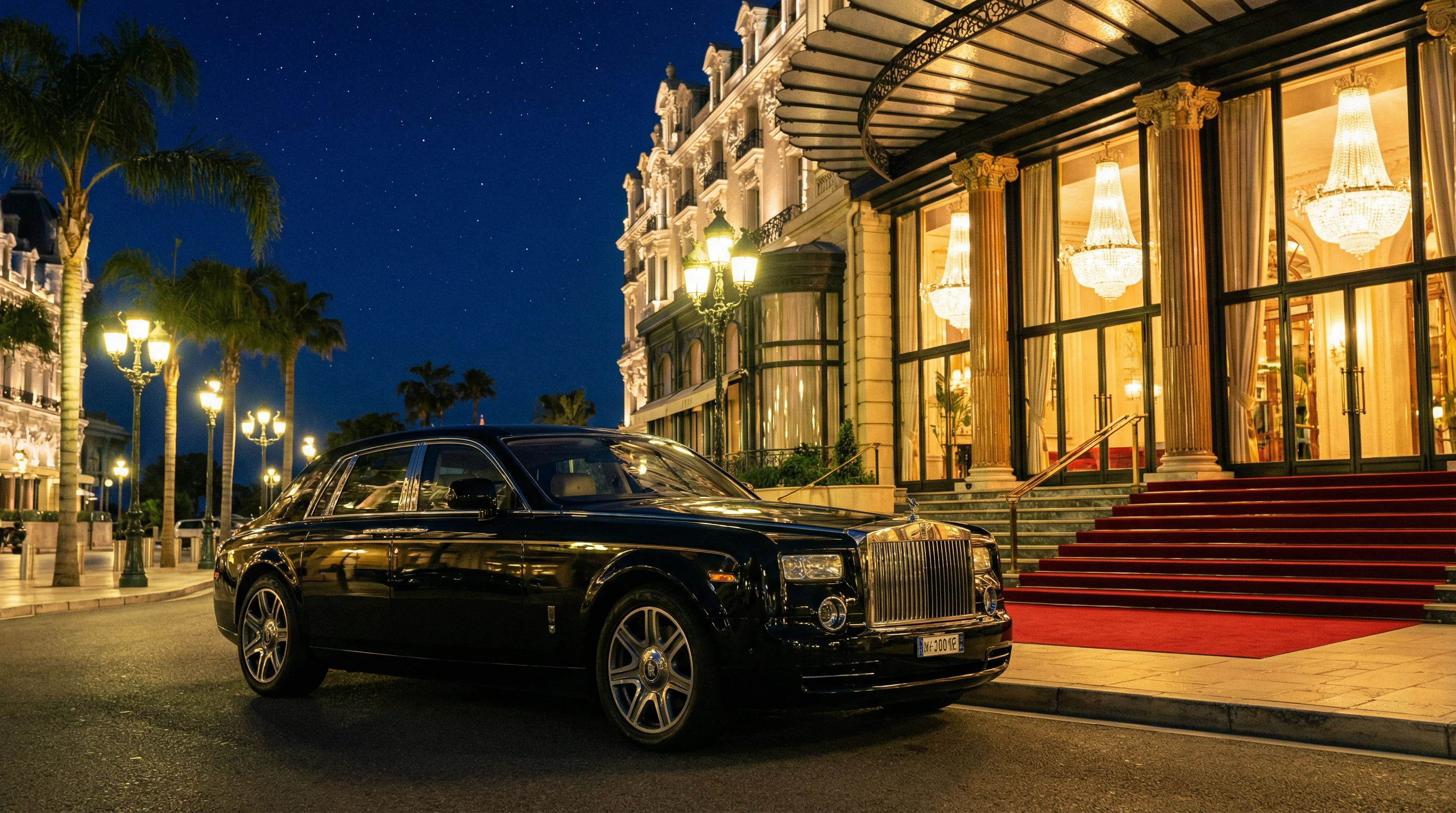 豪华名车在水晶宫殿前，彰显 真人棋牌 的尊贵格调